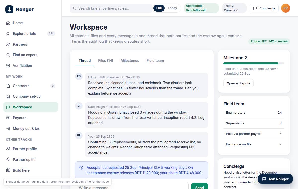 Workspace: the message thread between buyer, field lead and team lead about the milestone 2 dataset, an acceptance request notice, the milestone 2 progress card and the field team panel.